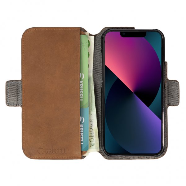 Krusell iPhone 13 Mini Fodral Leather PhoneWallet Cognac