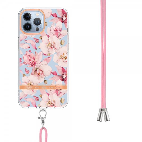 iPhone 13 Pro Skal Blommönster Strap Rosa Gardenia
