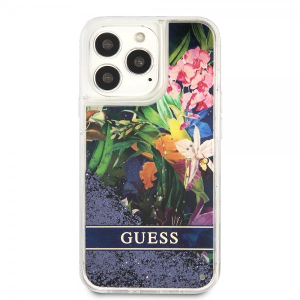 Guess iPhone 13 Pro Skal Liquid Glitter Flower Pattern Blå