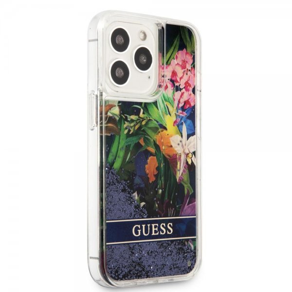 Guess iPhone 13 Pro Skal Liquid Glitter Flower Pattern Blå