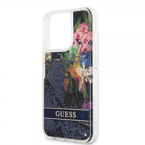 Guess iPhone 13 Pro Skal Liquid Glitter Flower Pattern Blå