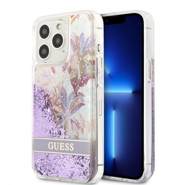 Guess iPhone 13 Pro Skal Liquid Glitter Flower Pattern Lila