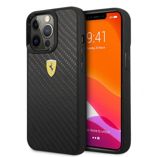 Ferrari iPhone 13 Pro Skal Real Carbon Metal Logo Svart