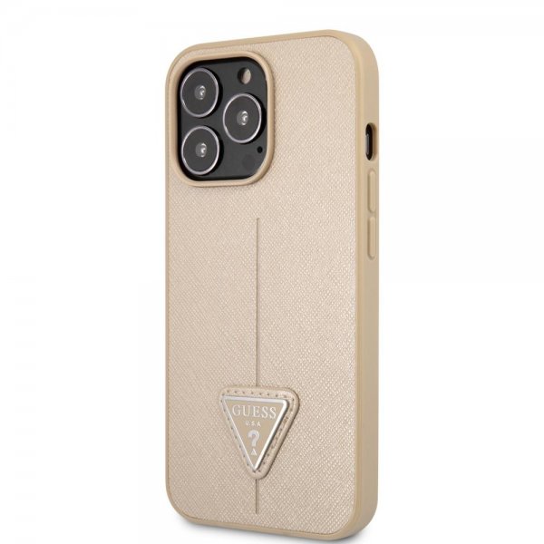 Guess iPhone 13 Pro Skal Saffiano Metal Triangle Beige
