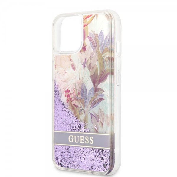 Guess iPhone 13 Skal Liquid Glitter Flower Pattern Lila
