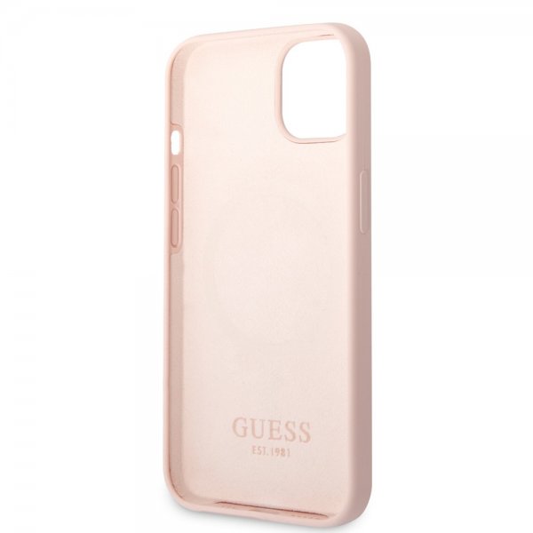 Guess iPhone 13 Skal Silicone Metal Plate MagSafe Rosa