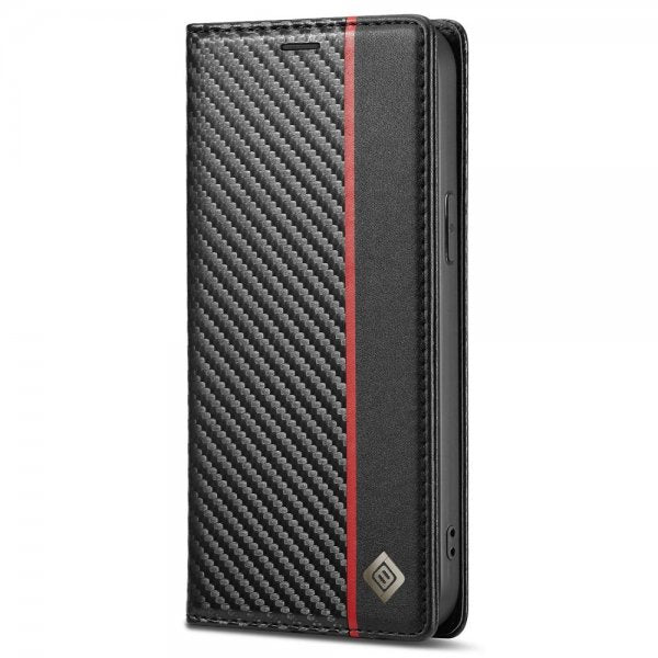 Lc.Imeeke iPhone 14 Plus Fodral Kolfibertextur Röd Stripe Vertical