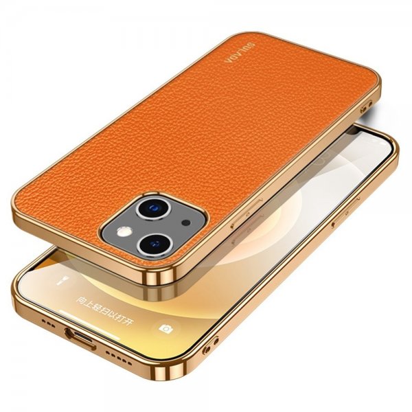 Sulada iPhone 14 Plus Skal Litchimönster Pläterad Kant Orange
