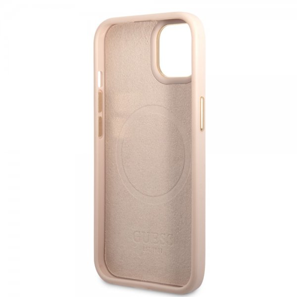 Guess iPhone 14 Plus Skal Metal Plate Logo MagSafe Rosa