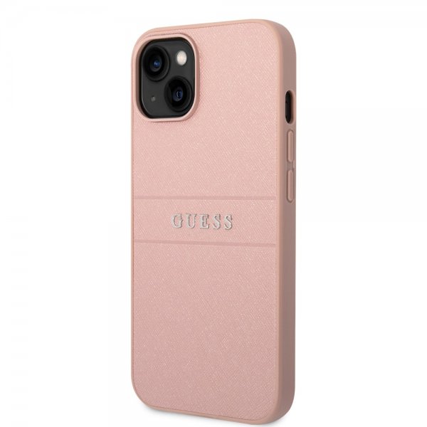 Guess iPhone 14 Plus Skal Saffiano Metal Logo Stripes Rosa