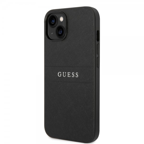 Guess iPhone 14 Plus Skal Saffiano Metal Logo Stripes Svart