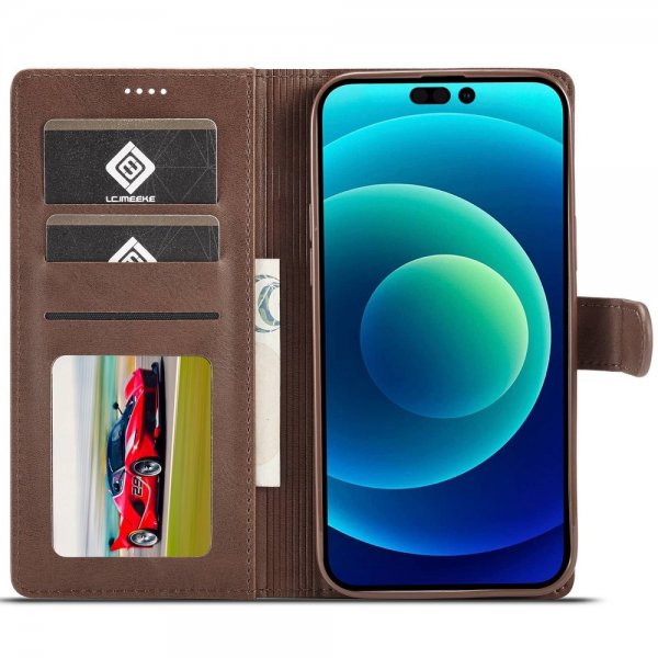 Lc.Imeeke iPhone 14 Pro Fodral med Kortfack Stativfunktion Mörkbrun