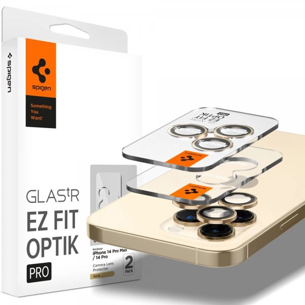 Spigen iPhone 14 Pro/iPhone 14 Pro Max Kameraskydd GLAS.tR EZ Fit Optik Pro Guld 2-pack