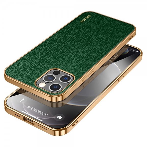 Sulada iPhone 14 Pro Max Skal Litchimönster Pläterad Kant Grön