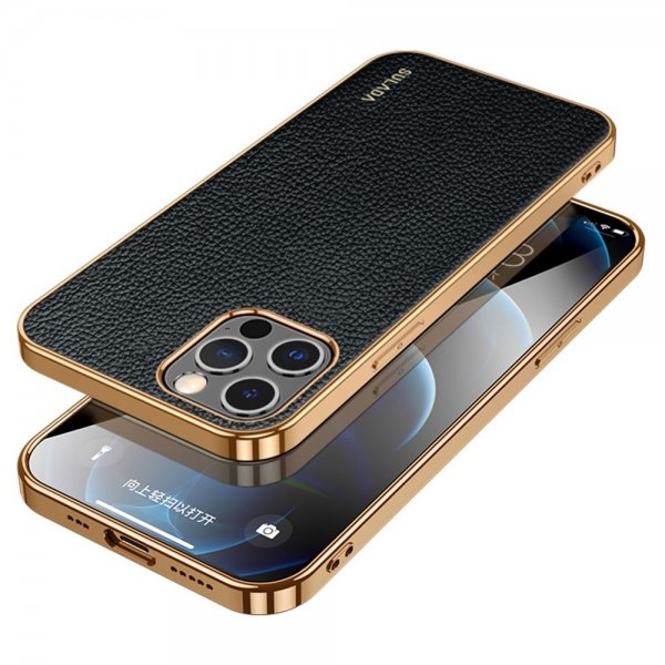 Sulada iPhone 14 Pro Max Skal Litchimönster Pläterad Kant Svart