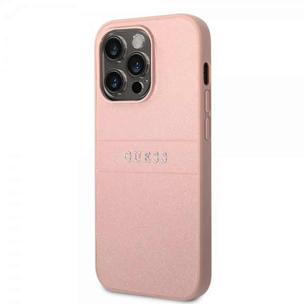 Guess iPhone 14 Pro Max Skal Saffiano Metal Logo Stripes Rosa