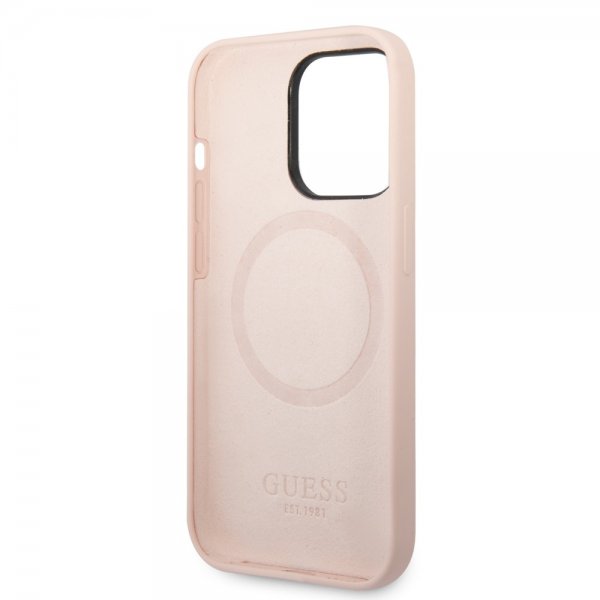 Guess iPhone 14 Pro Max Skal Silicone Metal Plate MagSafe Rosa