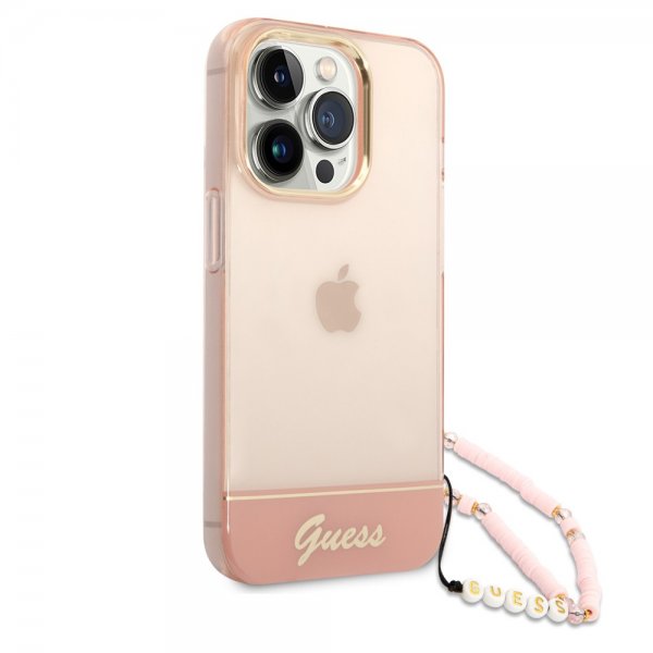 Guess iPhone 14 Pro Max Skal Translucent with Strap Rosa