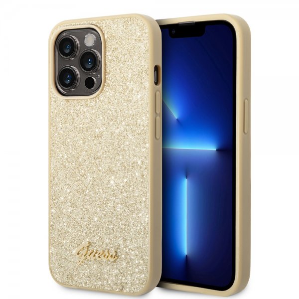 Guess iPhone 14 Pro Skal Glitter Flakes Metal Logo Guld