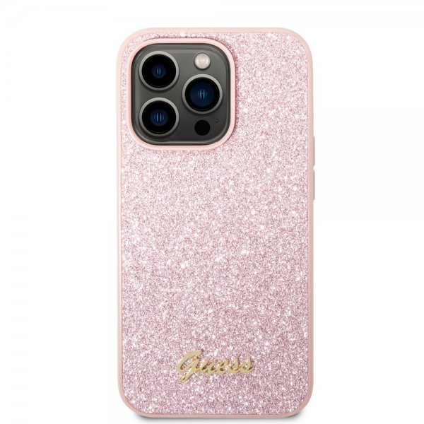 Guess iPhone 14 Pro Skal Glitter Flakes Metal Logo Rosa
