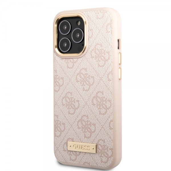 Guess iPhone 14 Pro Skal Metal Plate Logo MagSafe Rosa