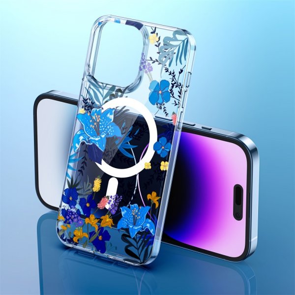 iPhone 14 Pro Skal Spring Series MagSafe Blåa Blommor
