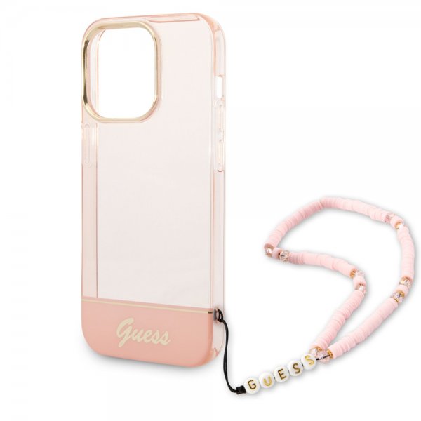 Guess iPhone 14 Pro Skal Translucent with Strap Rosa
