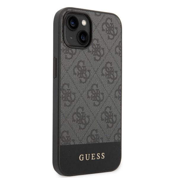 Guess iPhone 14 Skal Bottom Stripe Metal Logo Grå