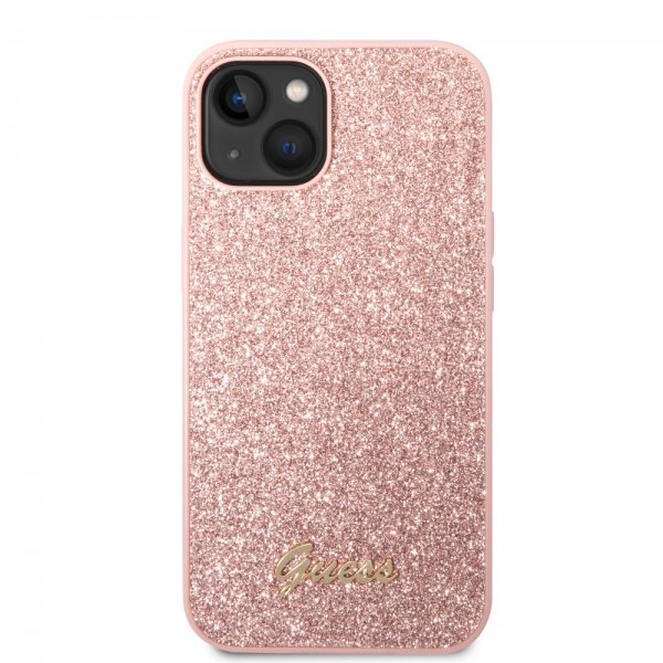 Guess iPhone 14 Skal Glitter Flakes Metal Logo Rosa