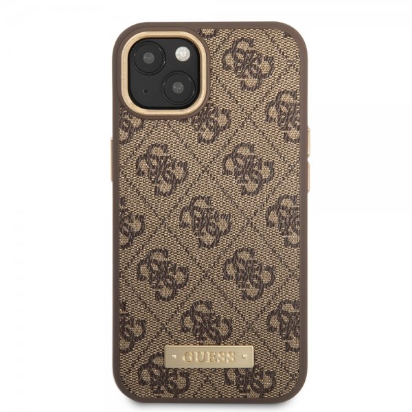 Guess iPhone 14 Skal Metal Plate Logo MagSafe Brun