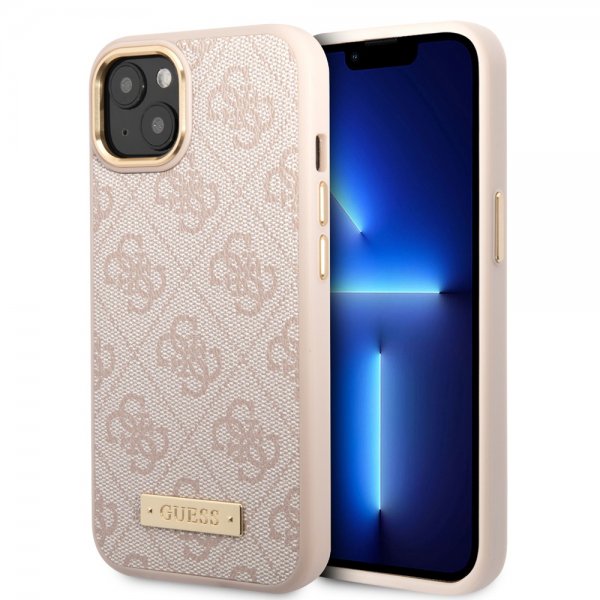 Guess iPhone 14 Skal Metal Plate Logo MagSafe Rosa