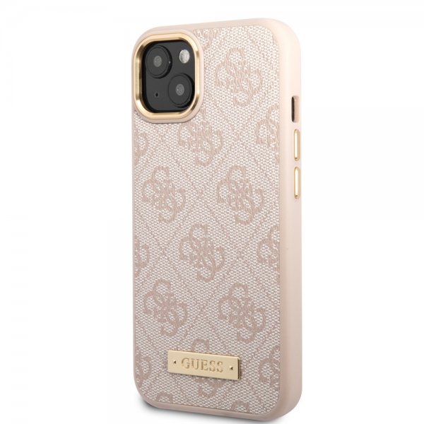 Guess iPhone 14 Skal Metal Plate Logo MagSafe Rosa