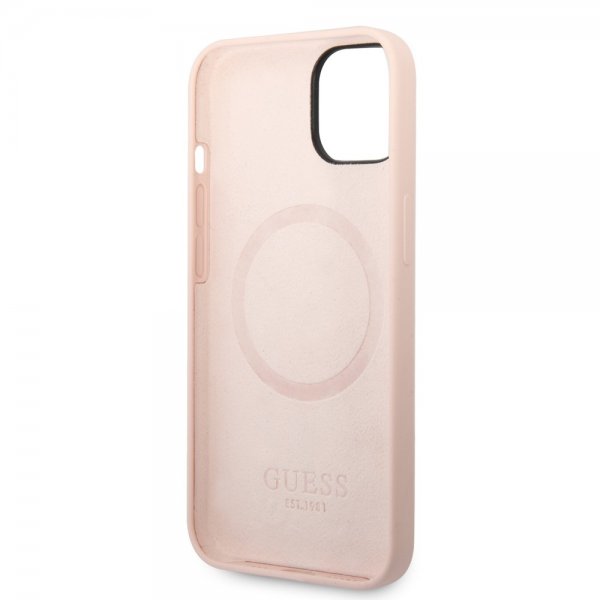 Guess iPhone 14 Skal Silicone Metal Plate MagSafe Rosa