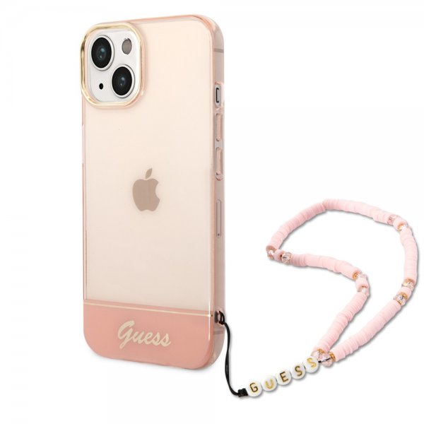 Guess iPhone 14 Skal Translucent with Strap Rosa