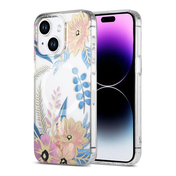 iPhone 14 Plus/iPhone 15 Plus Skal Blommönster MagSafe Rosa Blå