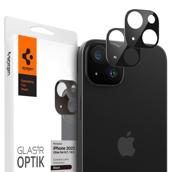 Spigen iPhone 14/15/14 Plus/15 Plus Kameraskydd Glas.tR Optik Svart 2-pack