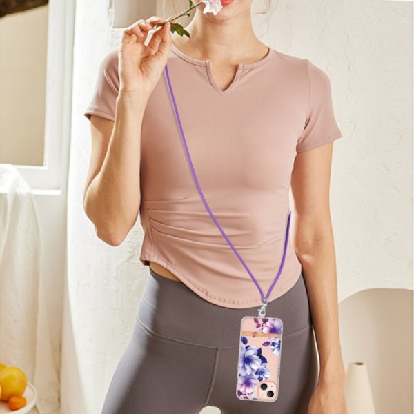 iPhone 15 Plus Skal Blommönster med Strap Lila Begonia