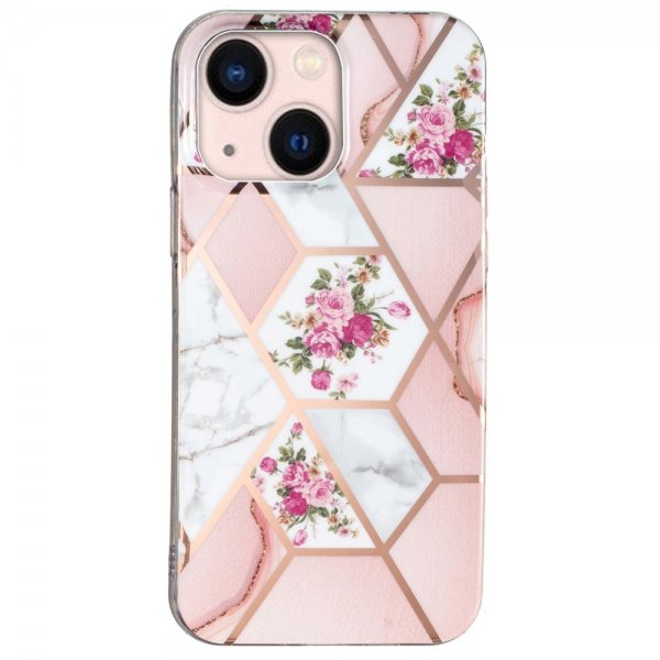 iPhone 15 Plus Skal Marmormönster Blommor Rosa