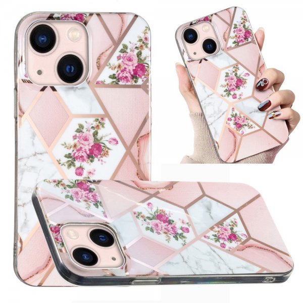 iPhone 15 Plus Skal Marmormönster Blommor Rosa