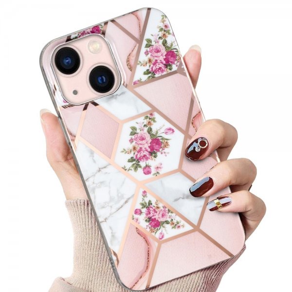 iPhone 15 Plus Skal Marmormönster Blommor Rosa