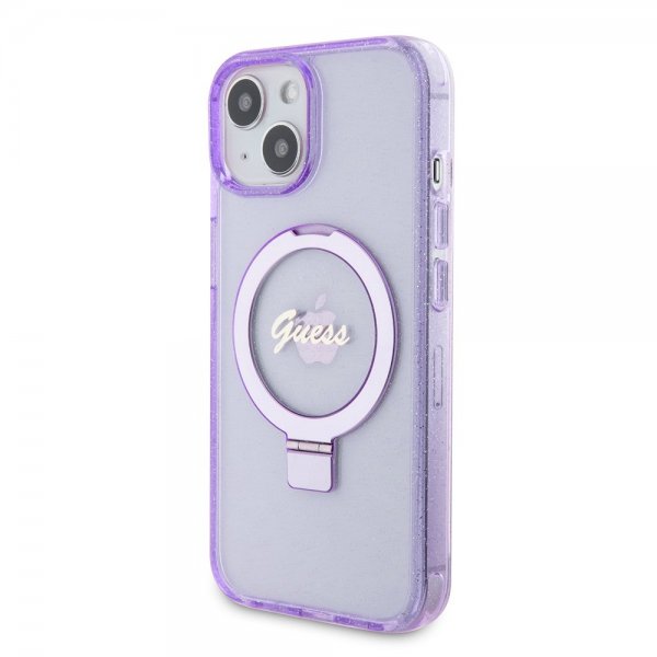 Guess iPhone 15 Plus Skal Ring Stand Glitter MagSafe Lila