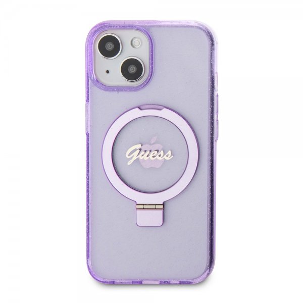 Guess iPhone 15 Plus Skal Ring Stand Glitter MagSafe Lila