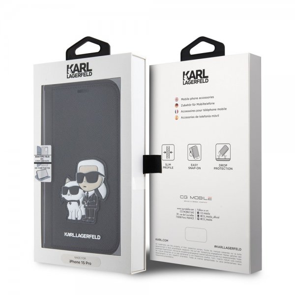 Karl Lagerfeld iPhone 15 Pro Fodral NFT Karl & Choupette Patch Saffiano Svart