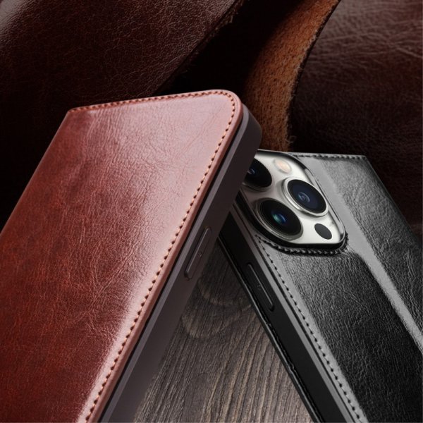 Qialino iPhone 15 Pro Max Fodral Äkta Läder Brun