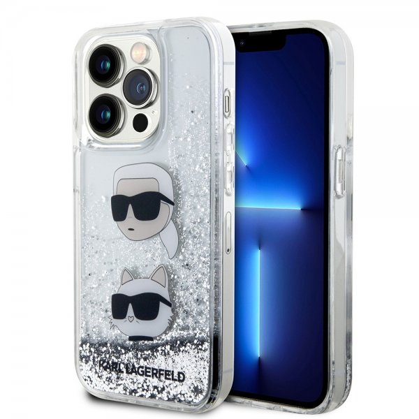 Karl Lagerfeld iPhone 15 Pro Max Skal Liquid Glitter Karl & Choupette Silver