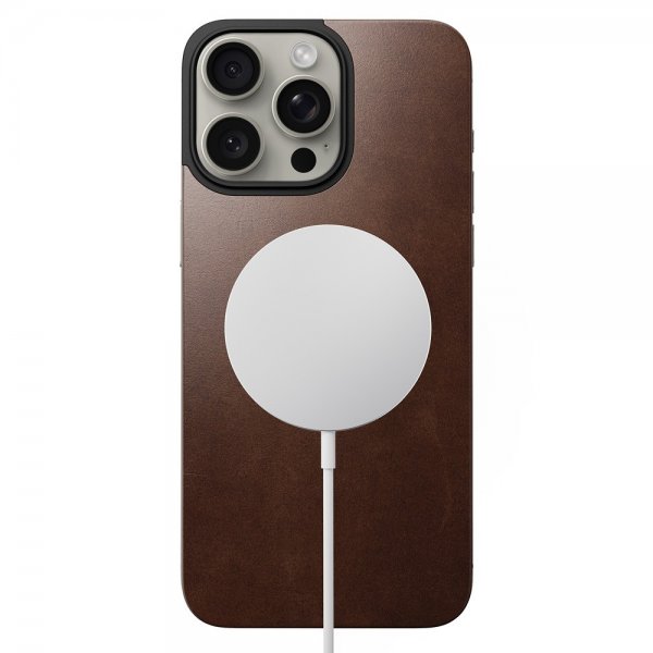 Nomad iPhone 15 Pro Max Skin Magnetic Leather Back Horween Rustic Brown