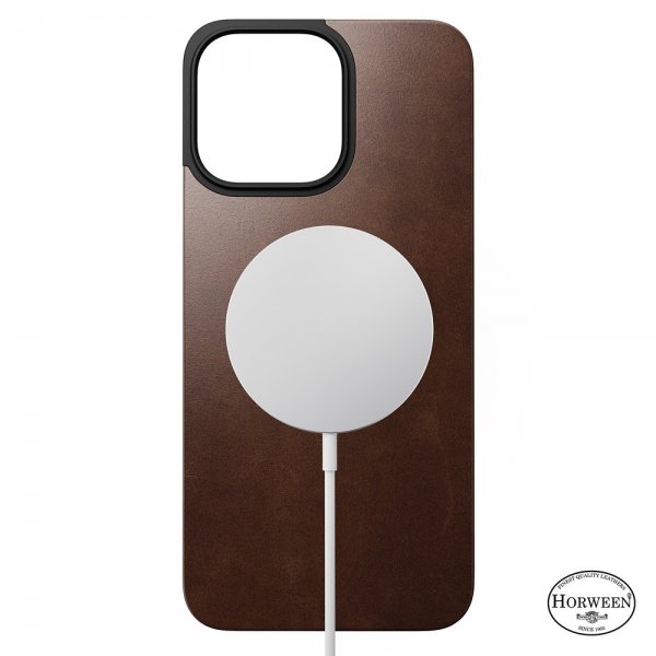 Nomad iPhone 15 Pro Max Skin Magnetic Leather Back Horween Rustic Brown