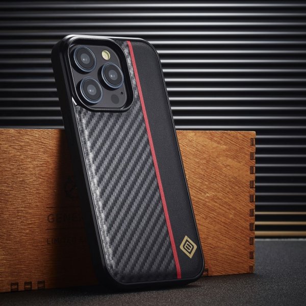 Lc.Imeeke iPhone 15 Pro Skal Kolfibertextur Röd Stripe Svart