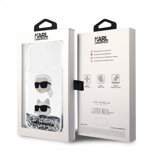 Karl Lagerfeld iPhone 15 Pro Skal Liquid Glitter Karl & Choupette Silver