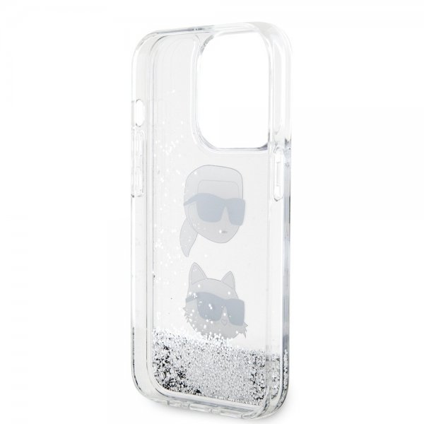 Karl Lagerfeld iPhone 15 Pro Skal Liquid Glitter Karl & Choupette Silver